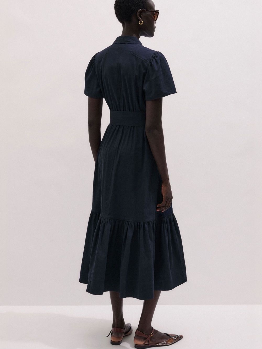 ME+EM Fit + Flare Midi Cotton Seersucker Dress Navy Blue Color size US 2 - Picture 2 of 9